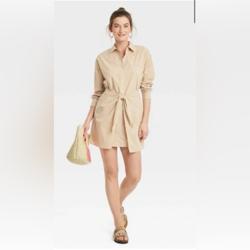 Women's Long Sleeve Tie-Front Mini Shirtdress - Universal Thread Tan Size M